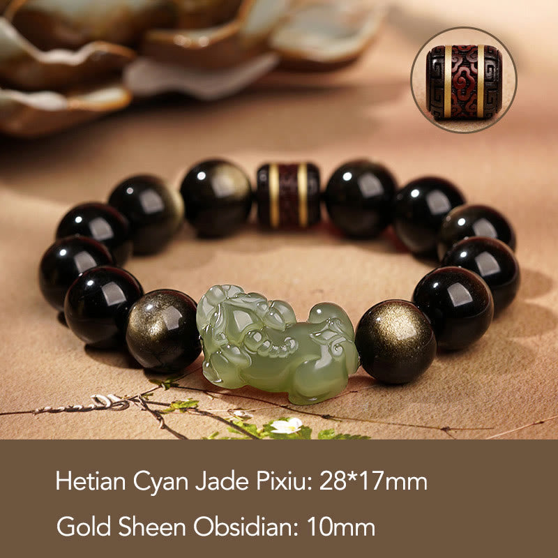Natural Gold Sheen Obsidian Hetian Cyan Jade White Jade PiXiu Wealth Bracelet