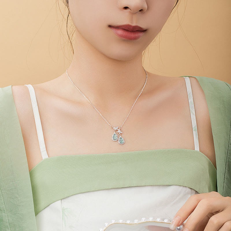 925 Sterling Silver Green Jade Double Gourd Butterfly Luck Necklace Pendant