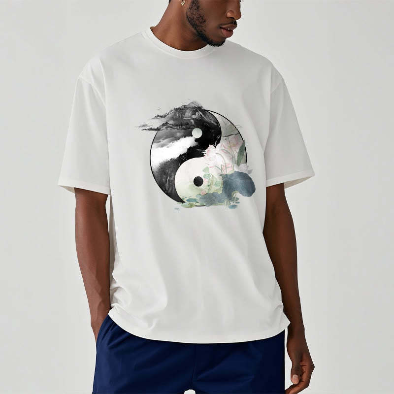 Yin Yang Lotus Leaf Ink Painting Cotton Tee T-shirt