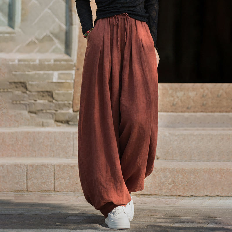 Casual Plain Loose Waist Tie Rope Women's Ramie Cotton Pants With Pockets