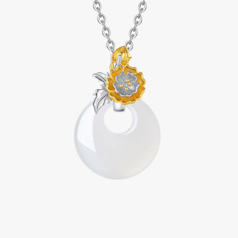 925 Sterling Silver Round Chalcedony Twelve Months Flower Harmony Necklace Pendant