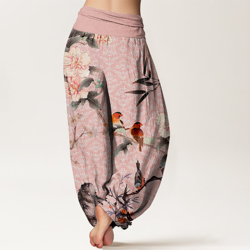 Warbler Bird Blooming Flower Branches Mandala Pattern Women's Elastic Waist Harem Pants