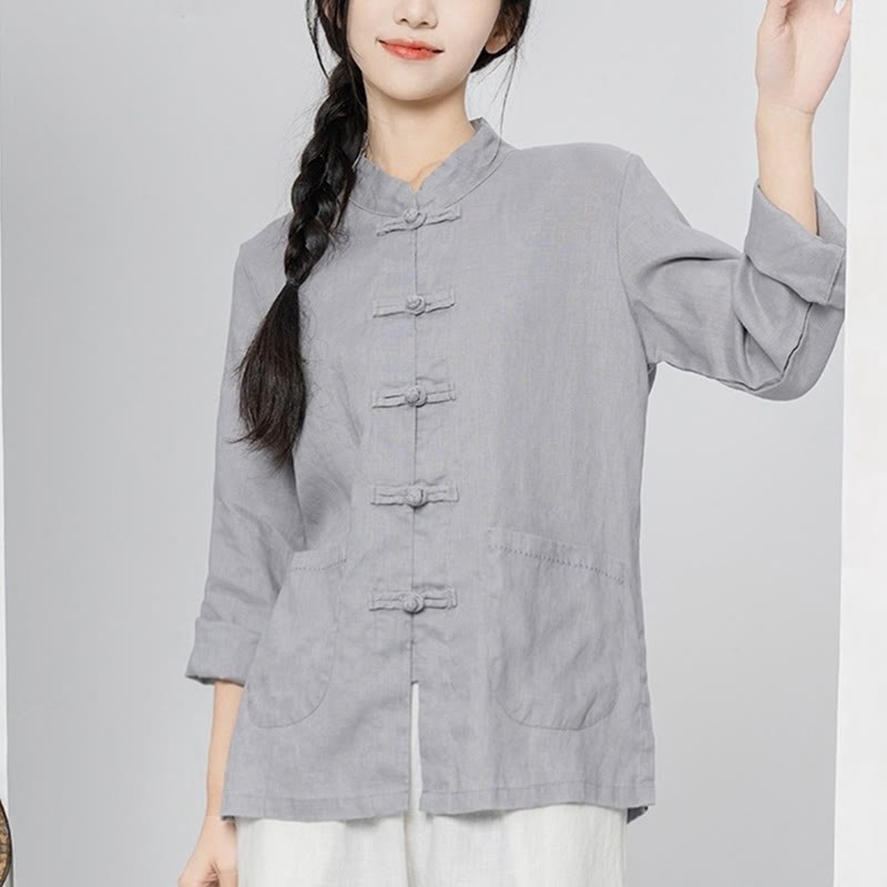 Solid Color Frog-button Long Sleeve Linen Women's Shirts With Pockets