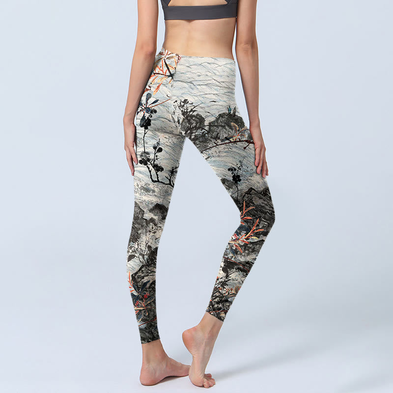 Waves Rocks Trees Print Gym Fitness Leggings Women's Yoga Pants
