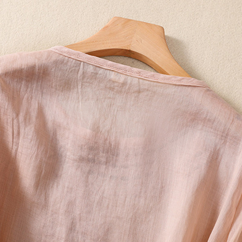 Women's Crew Neck Hollow Design Half Sleeve Cotton Linen Shirt