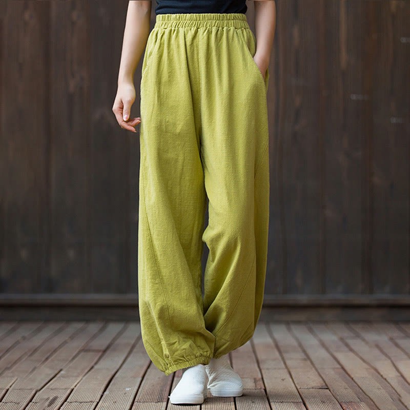 Casual Solid Plain Color Carrot Elastic Waistband Cotton Ramie Women's Pants With Pockets