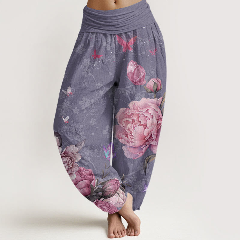 Casual Bright Peony Flower Butterfly Women's Elastic Waist Harem Pants