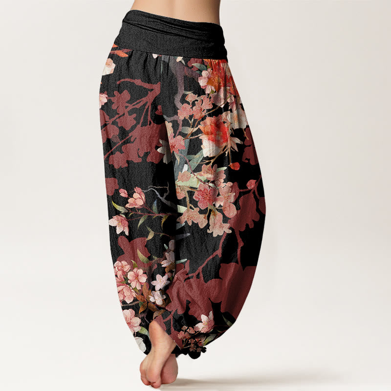 Red Pink Blooming Flowers Lush Branches Women's Elastic Waist Harem Pants