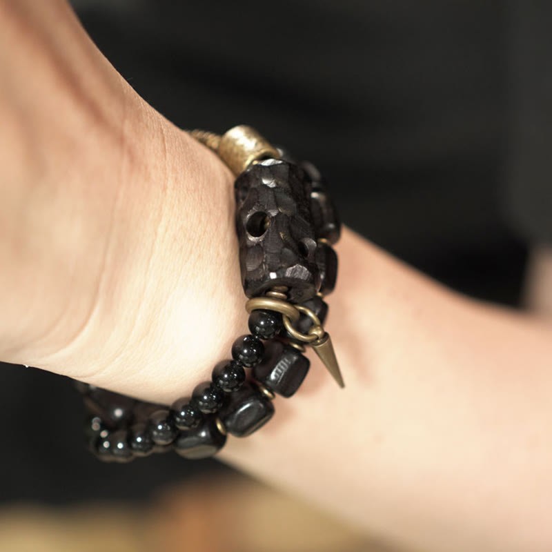 Ebony Wood Black Obsidian Copper Brass Peace Double Wrap Bracelet