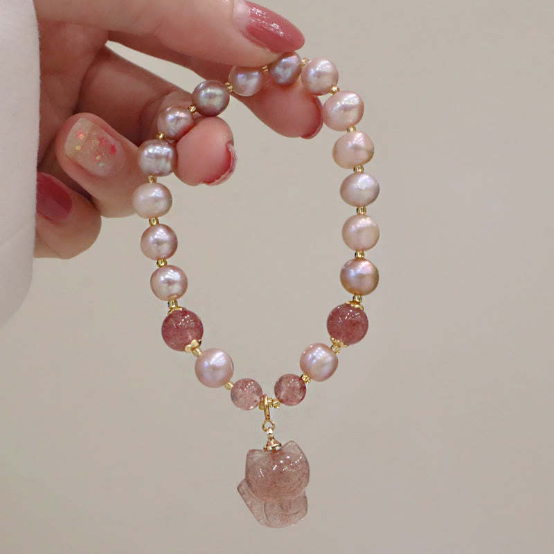 Natural Pearl Strawberry Quartz Cute Fox Love Healing Charm Bracelet