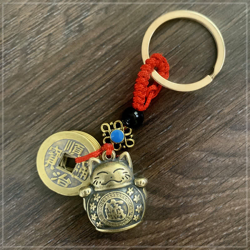 Feng Shui Five Emperor Coins Lucky Cat Money Wealth Keychain