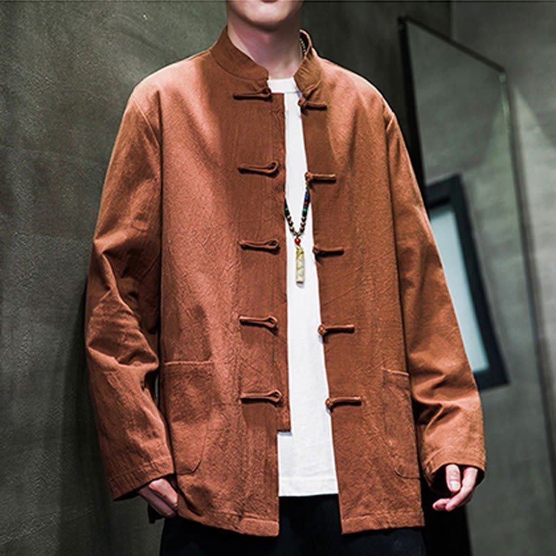 Solid Color Frog-button Tang Suit Cotton Linen Men's Jacket Shirt With Pockets