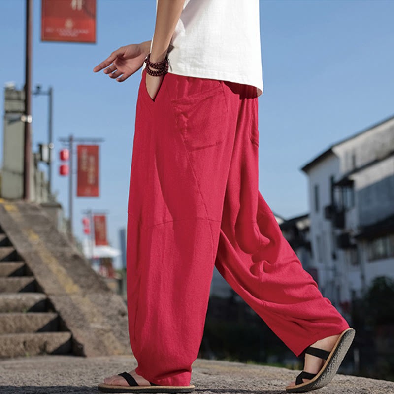 Simple Patchwork Design Drawstring Cotton Men's Wide Leg Pants With Pockets