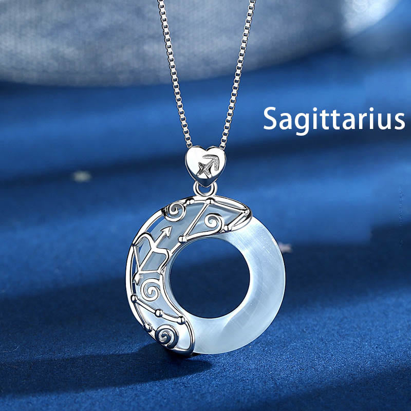 925 Sterling Silver 12 Constellations of the Zodiac Cat's Eye Love Support Necklace Pendant