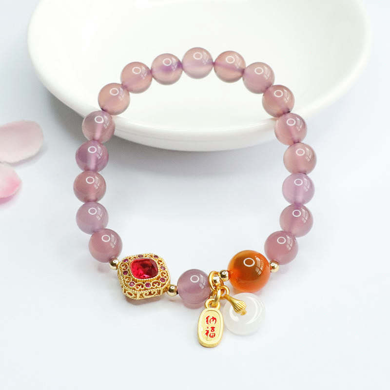 Natural Purple Chalcedony Candy Agate Peace Buckle Harmony Lucky Fortune Charm Bracelet