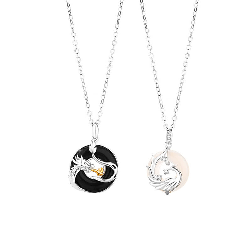 925 Sterling Silver Year of the Dragon Natural Black Onyx Chalcedony Dragon Phoenix Peace Buckle Protection Necklace Pendant
