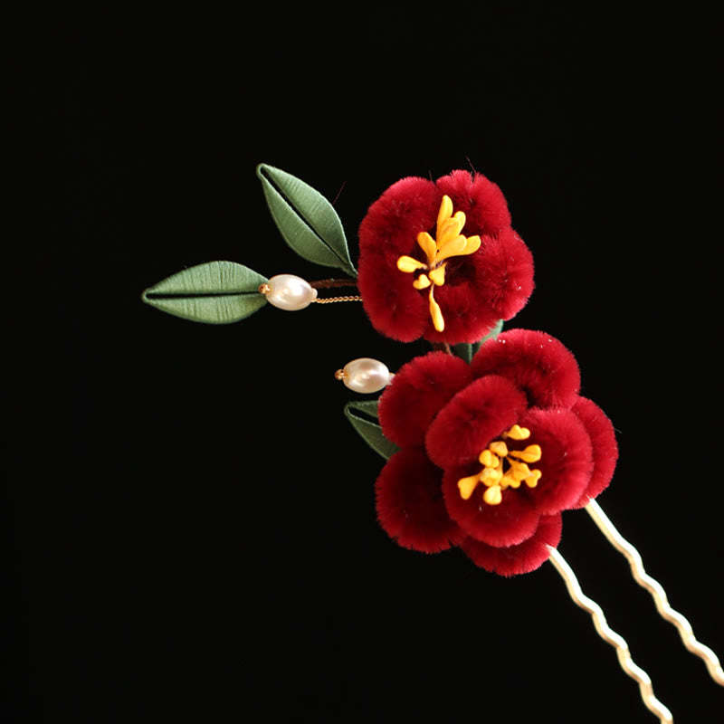 Classical Chinese Style Red Flower Blue Butterfly Hairpin Hair Clip Hair Comb Barrette