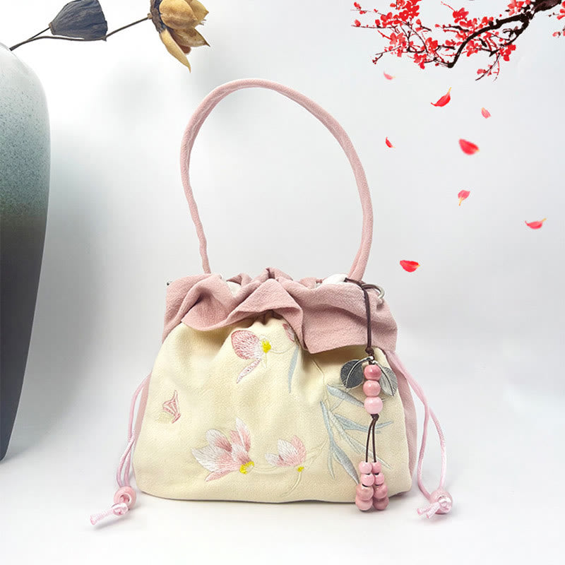 Suzhou Embroidery Lotus Epiphyllum Magnolia Cotton Linen Tote Crossbody Bag Shoulder Bag Handbag