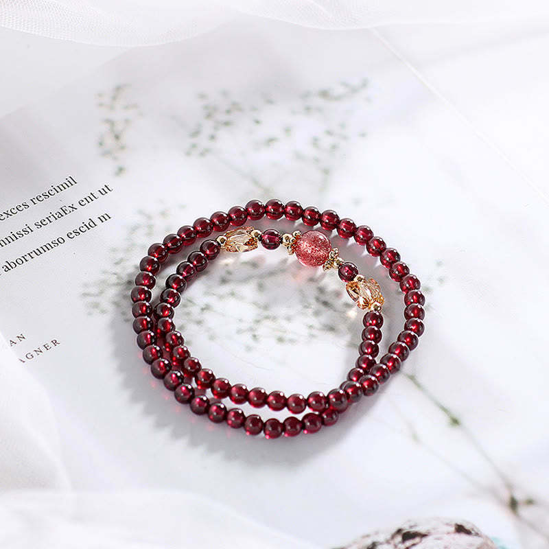 14K Gold Plated Natural Garnet Strawberry Quartz Butterfly Protection Double Wrap Bracelet