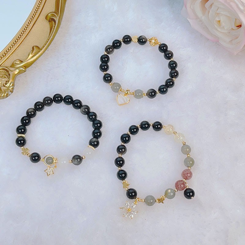 Natural Silver Sheen Obsidian Love Heart Star Flower Protection Bracelet (Extra 30% Off | USE CODE: FS30)