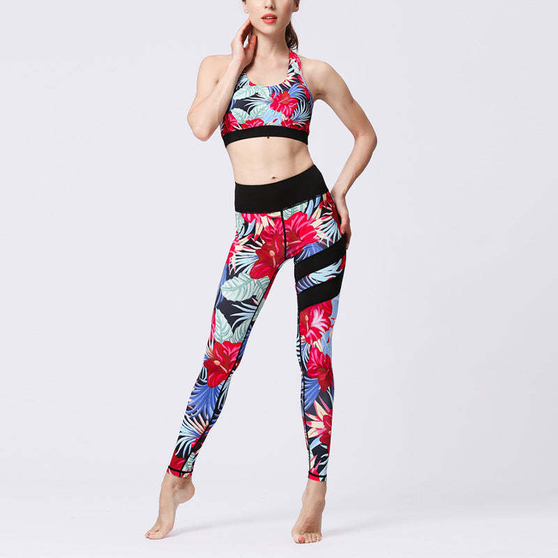 2Pcs Sunflower Flowers Leaves Print Top Pants Sports Fitness Yoga Women's Yoga Sets
