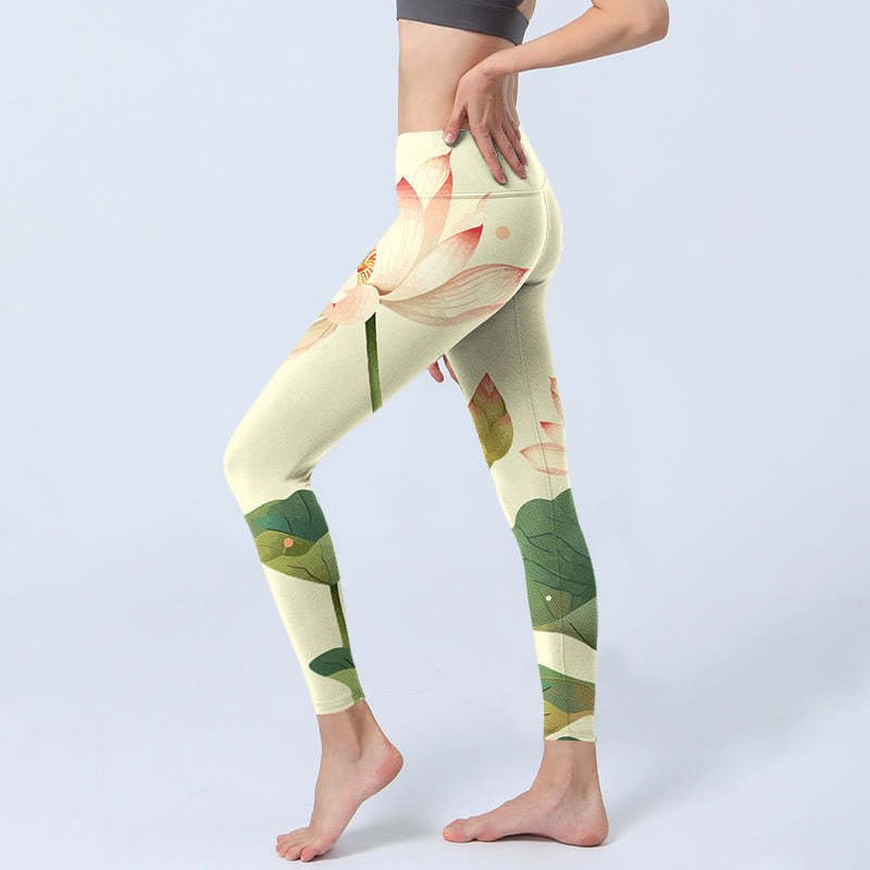 Lotus Flower Leaf Dragonfly Print Fitness Leggings Women's Yoga Pants