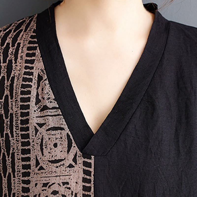 Casual Loose Printing Dyeing Cotton Linen V-neck Half Sleeve Design Midi Dress With Pockets