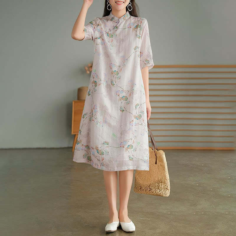 Frog-button Leaves Branches Midi Dress Cotton Linen Short Sleeve Dress With Pockets