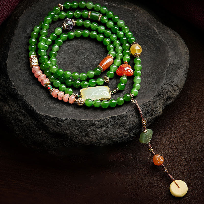 108 Mala Beads Cyan Jade Red Agate Laughing mystic zen Luck Bracelet
