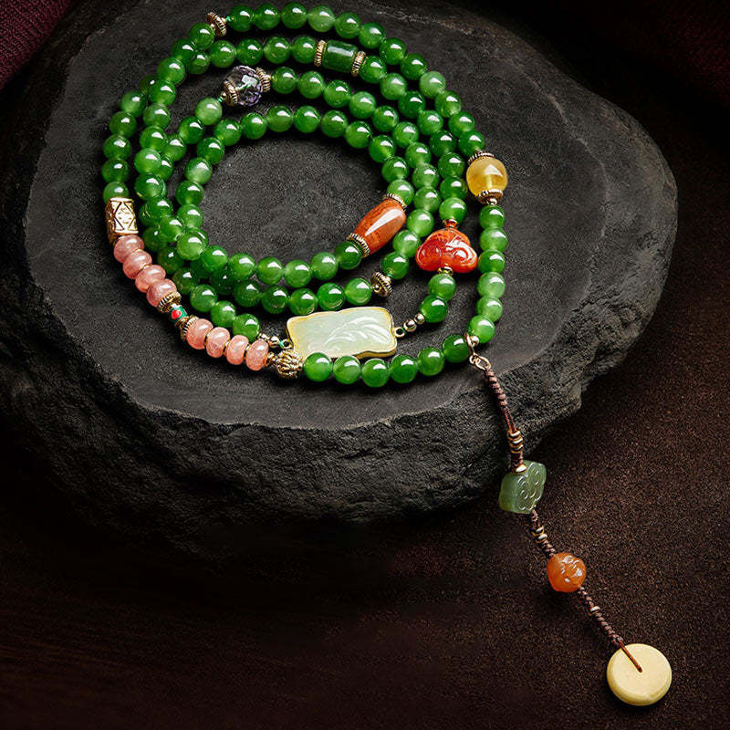 108 Mala Beads Cyan Jade Red Agate Laughing mystic zen Luck Bracelet