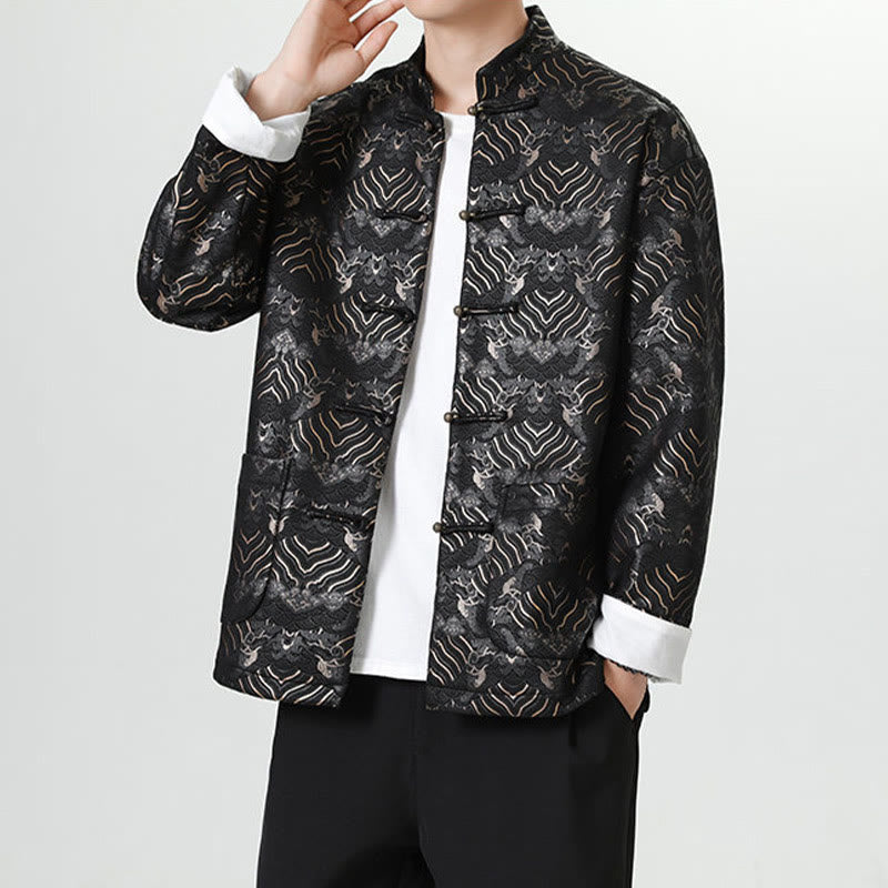 Frog-Button Chinese Tang Suit Wave Shape Long Shirt Men Jacket Clothing