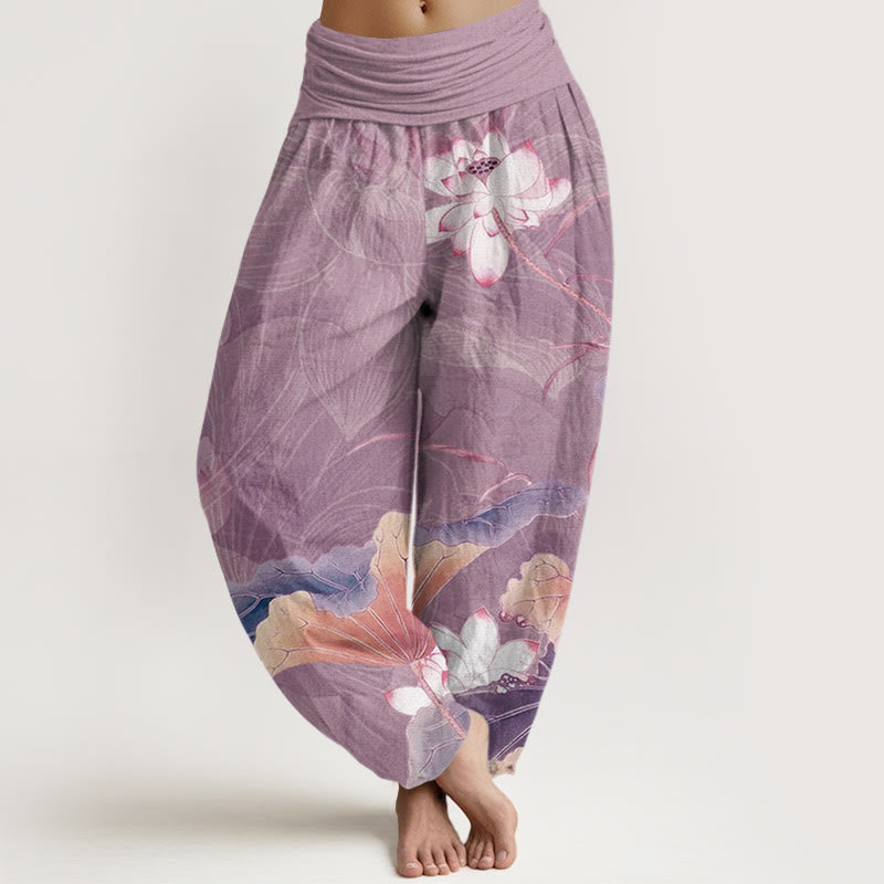 Lotus Flowers Leaves Pattern Women's Elastic Waist Harem Pants