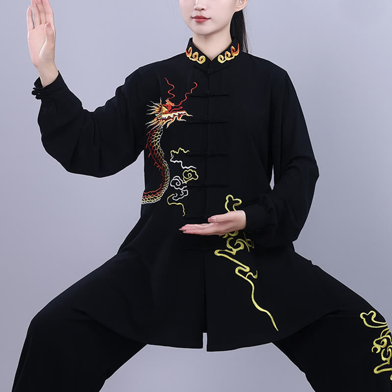 2Pcs Fall Embroidery Dragon Frog-Button Tai Chi Meditation Qigong Zen Practice Unisex Cotton Clothing Set