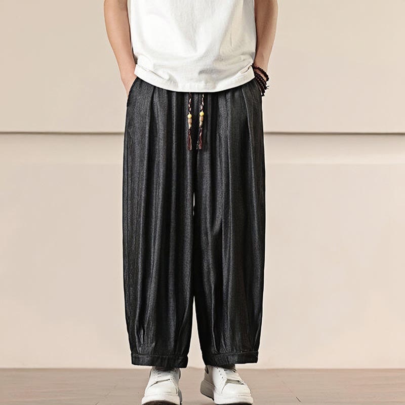 Spring Solid Color Cotton Drawstring Men's Wide Leg Pants With Pockets