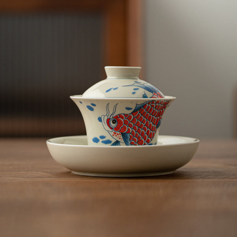 Koi Fish Arowana Ceramic Gaiwan Sancai Teacup Kung Fu Tea Cup With Lid 130ml