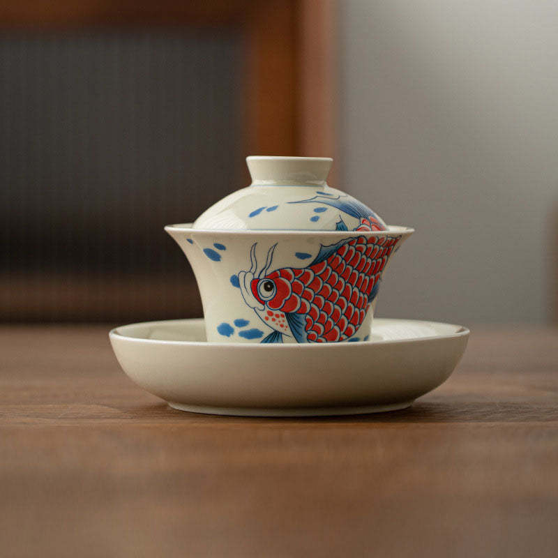 Koi Fish Arowana Ceramic Gaiwan Sancai Teacup Kung Fu Tea Cup With Lid 130ml