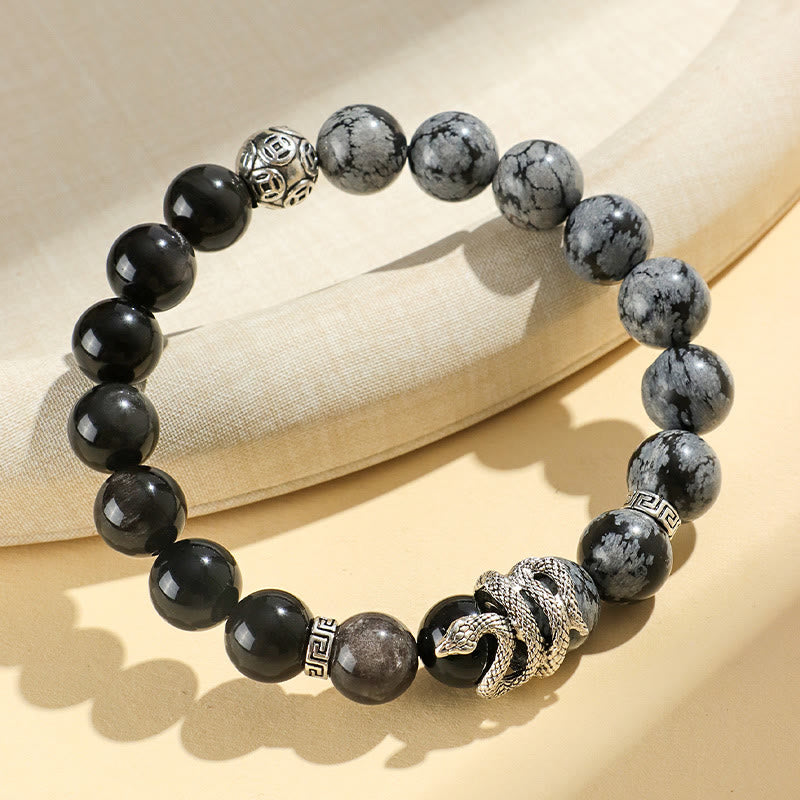 Natural Silver Sheen Obsidian White Turquoise Grey Jasper Snowflake Obsidian Year Of The Snake Protection Bracelet