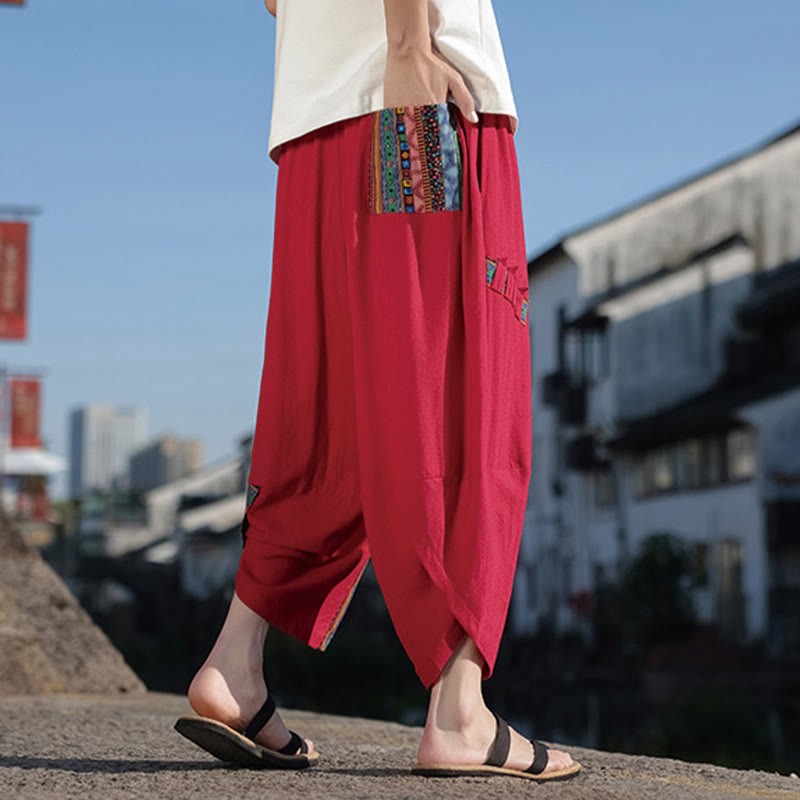 Bohemian Patchwork Pattern Cotton Drawstring Men's Wide Leg Pants With Pockets