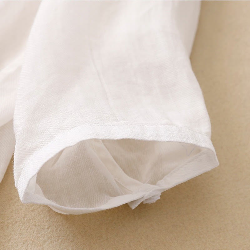 Casual Embroidered Plant Stand Collar Design Three Quarter Sleeve Women's Cotton Linen Shirt