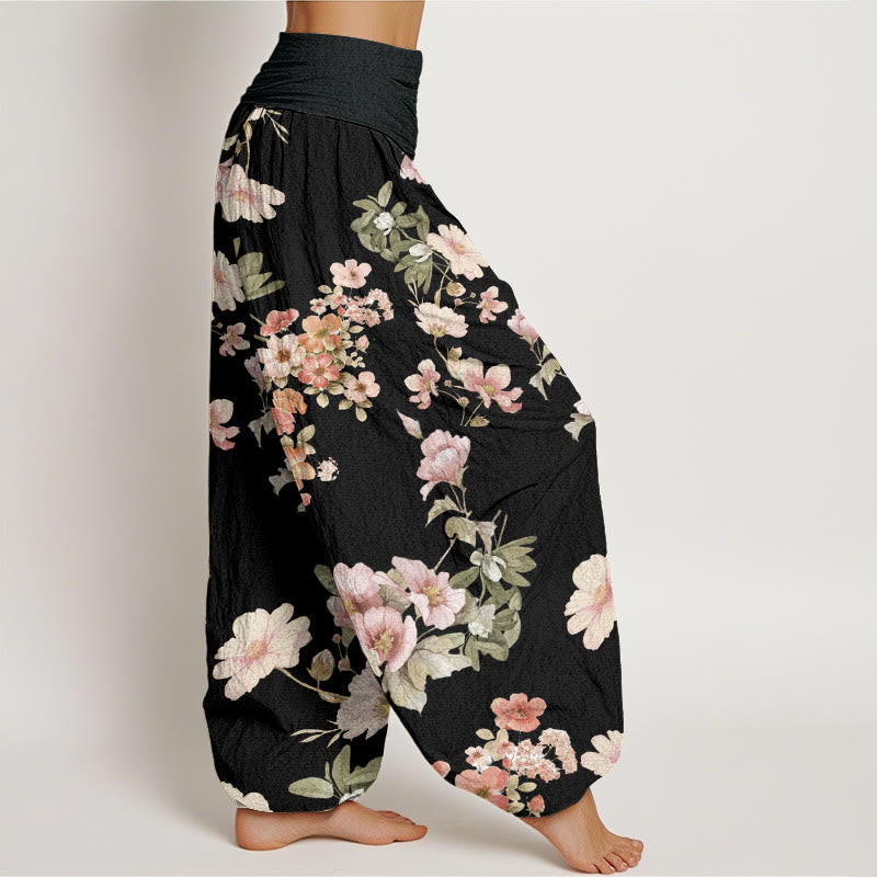 Pink Pale Orange Flowers Design Women's Elastic Waist Harem Pants
