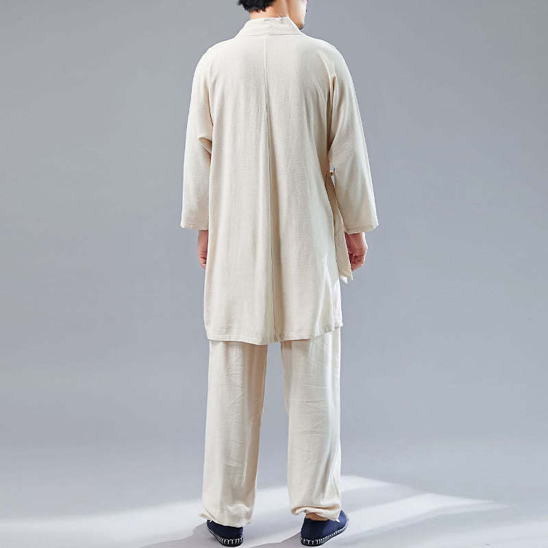 2Pcs V-Neck Men's Long Sleeve Shirt Top Pants Meditation Zen Tai Chi Cotton Linen Clothing Set