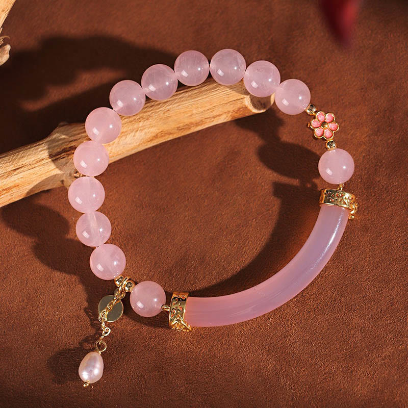 Pink Crystal Blue Chalcedony Pearl Cuff Half Bracelet Bangle