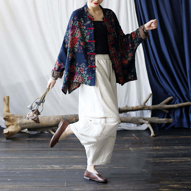 Red Flowers Green Leaves Print Frog-button Design Long Sleeve Cotton Linen Jacket Shirt