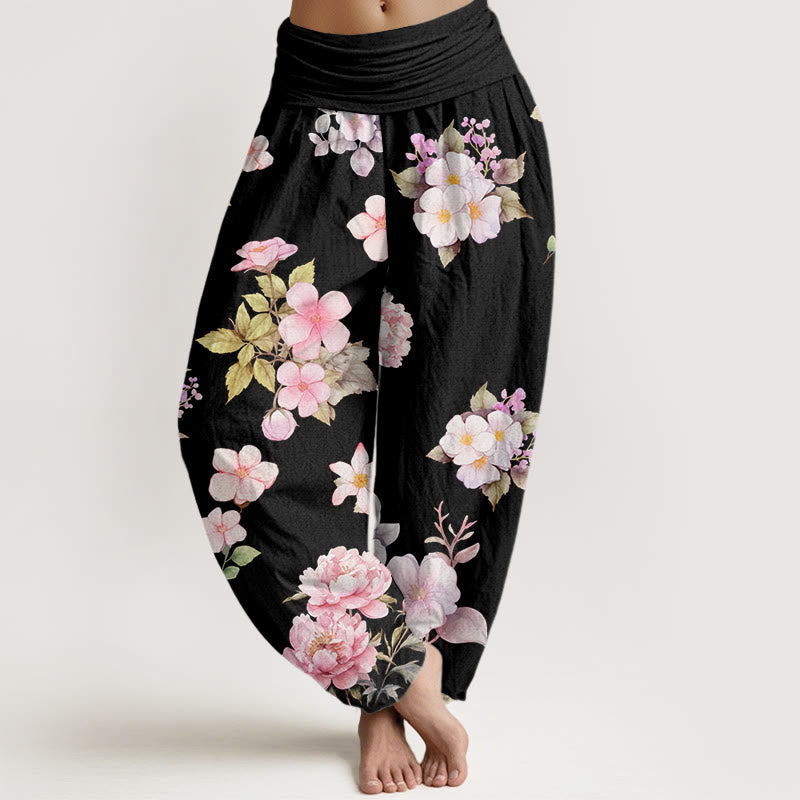 Peony White Flowers Pattern Design Women's Elastic Waist Harem Pants