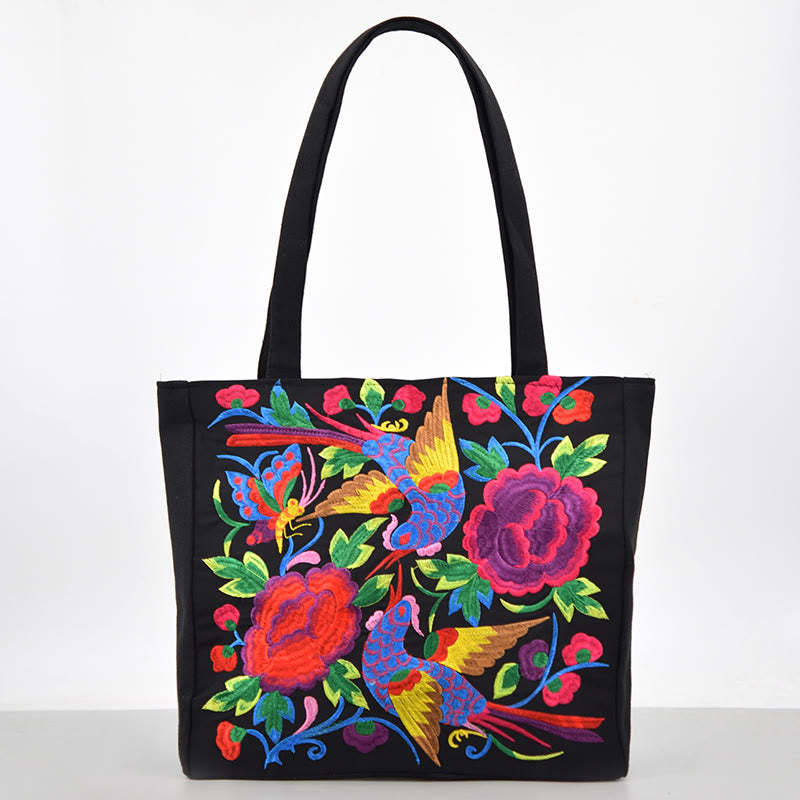 Galsang Magpie Peony Camellia Chrysanthemum Embroidery Canvas Shopping Purse Handbag Shoulder Bag