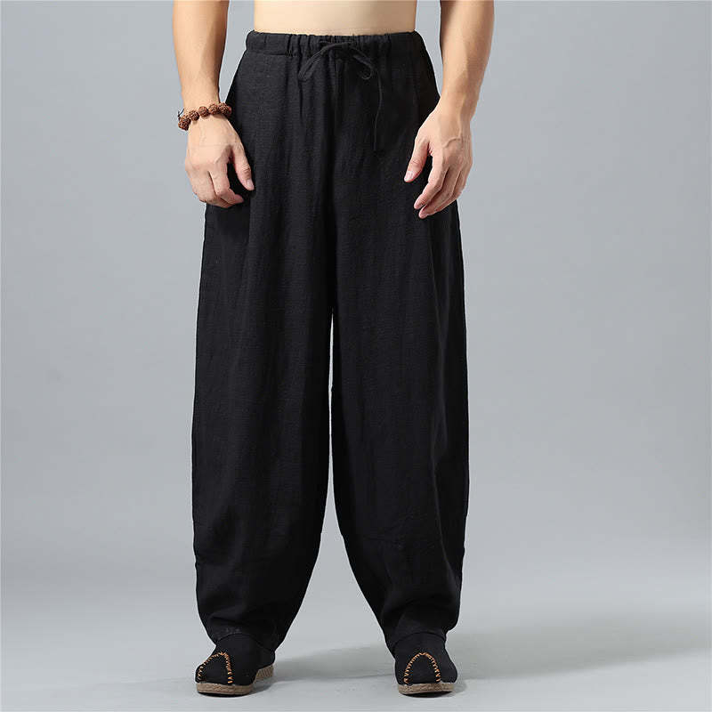 Casual Solid Color Drawstring Cotton Linen Men's Pants With Pockets