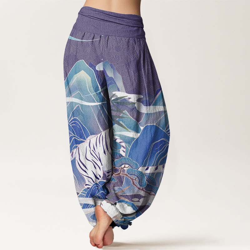 Casual White Tiger Mountain Waves Women's Elastic Waist Harem Pants