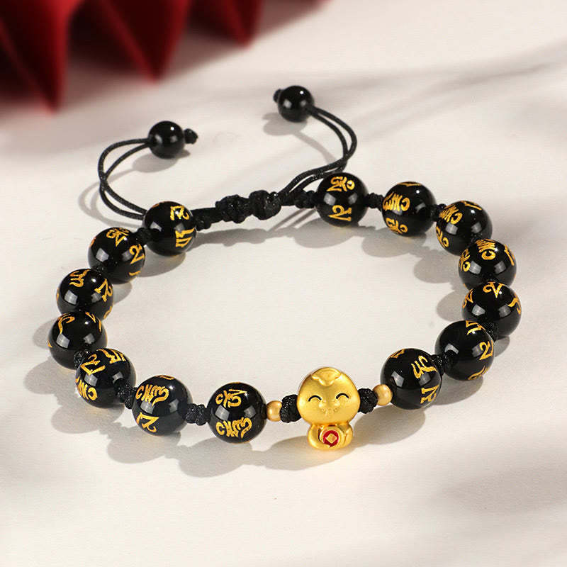 Red Agate Black Onyx Bead Copper Year Of The Snake Fu Character Om Mani Padme Hum Happiness Bracelet