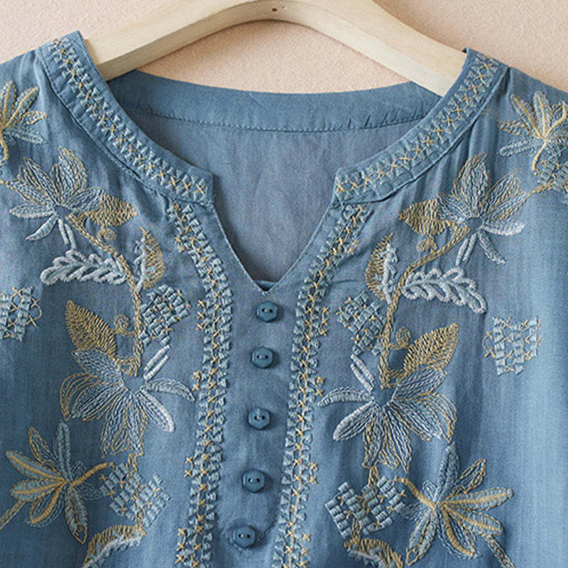Casual Embroidery Plants Women's V-Neck Design Half Sleeve Cotton Blended Shirt