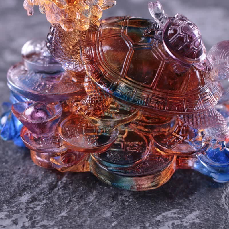 Feng Shui Dragon Turtle Coins Handmade Liuli Crystal Luck Art Piece Home Office Decoration